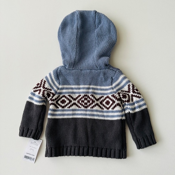 Carter’s 9 Months Baby Boy Knit Hooded Zip Cardigan Sweater Fair Isle NWT - Picture 2 of 4
